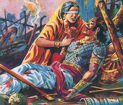 Gandhari crying on the death of her children and curses Krishna