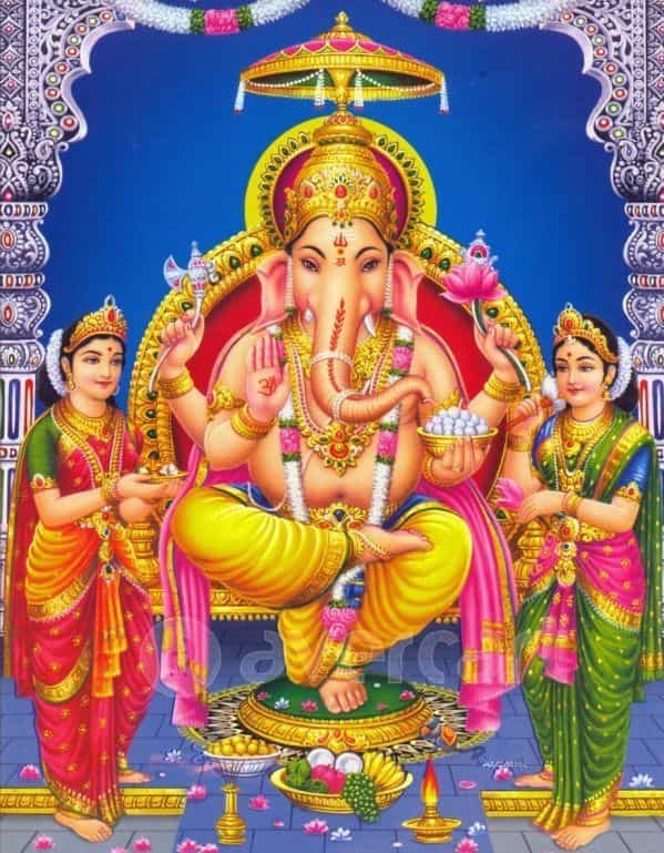 Ganesh with his wives - Riddhi and Buddhi