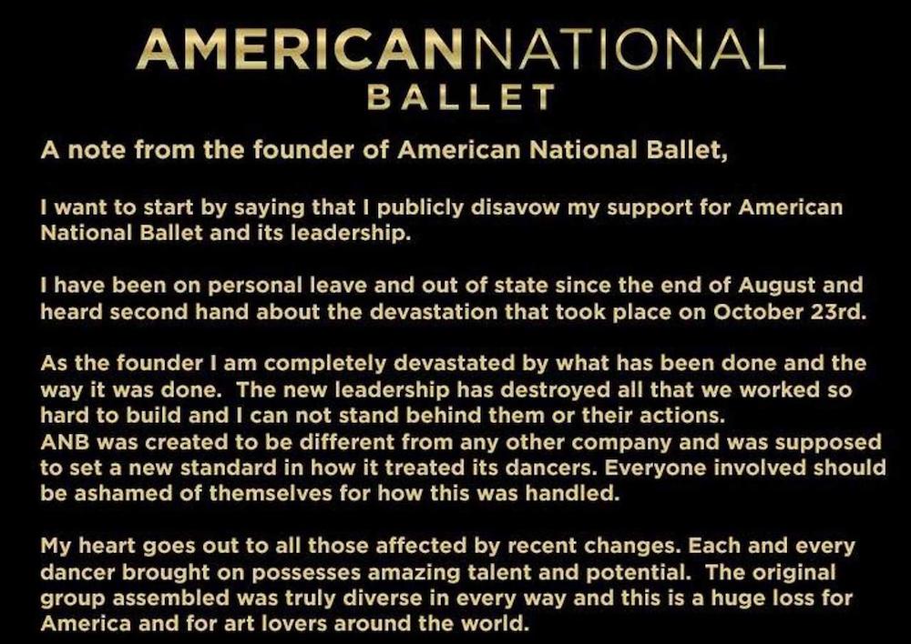 Ashley posted on the ballet's social media page